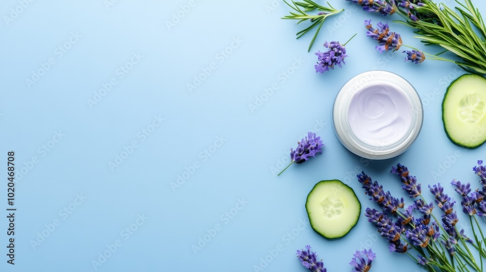 An illustration of natural skincare featuring cucumber sliced on a blue background and lavender flowers on a purple jar of lavender cream. An illustration of natural skincare featuring cucumber sliced on a blue background and lavender flowers on a purple jar of lavender cream.