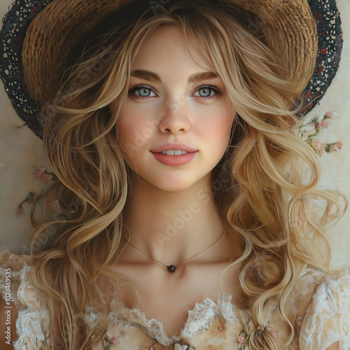 whimsical hyper realistic, hyper detailed, close up of a beautiful young woman with wavey medium hair, with a country hat, 