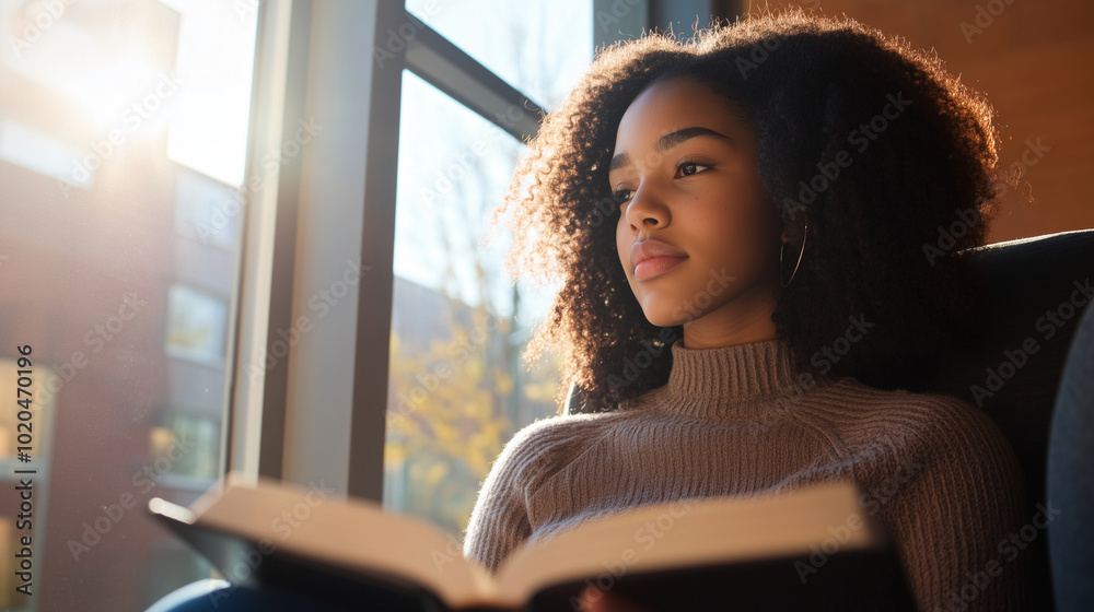 A side profile of a young African American female student sitting in a cozy corner of the college library. She is deeply engaged with an open book in front of her, while sunlight s A side profile of a young African American female student sitting in a cozy corner of the college library. She is deeply engaged with an open book in front of her, while sunlight s