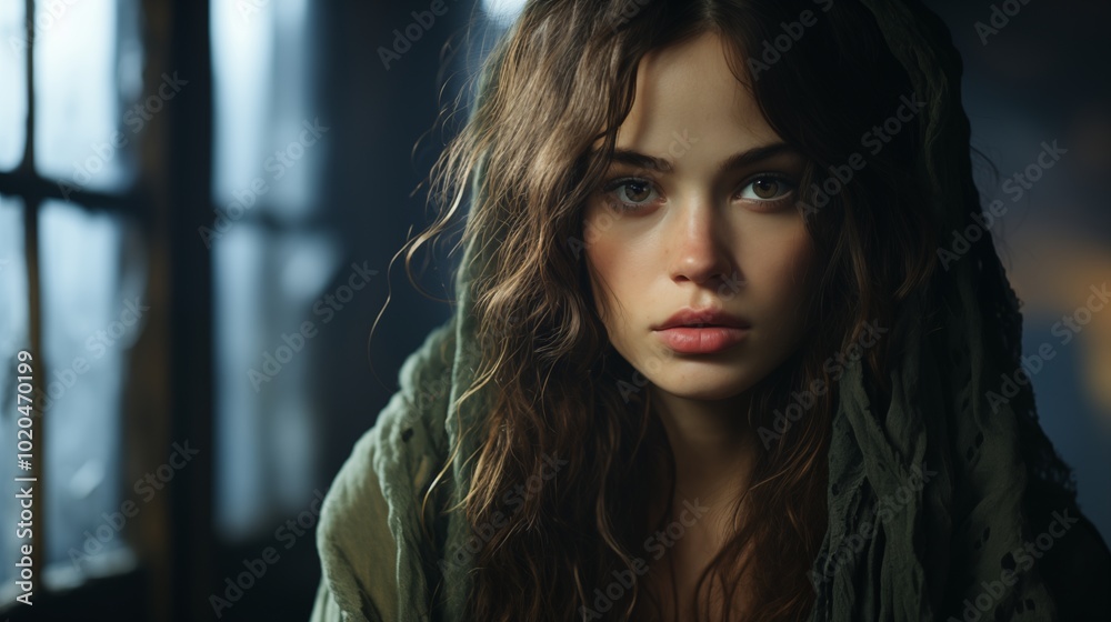 Young woman with haunting gaze beside window. Young woman with haunting gaze beside window.