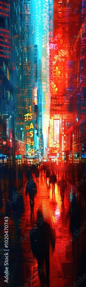 Pedestrians walking down a city street at night with neon lights Pedestrians walking down a city street at night with neon lights