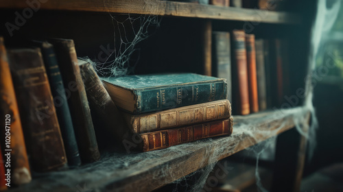 The haunted wooden house library is filled with dusty, old books and cobweb-covered shelves, creating an unsettling atmosphere as if unseen eyes are watching from the shadows.