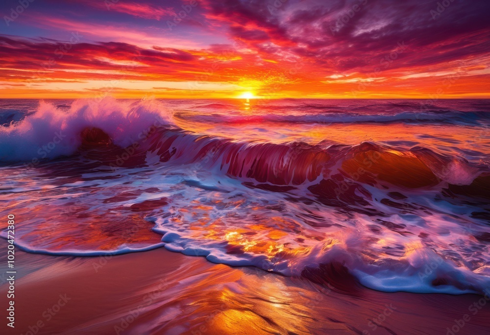 Fototapeta premium breathtaking waves colliding vibrant hues sunrise sunset sky over ocean horizon, beach, landscape, shoreline, reflective, tranquil, twilight, scenery