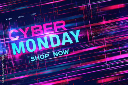 Futuristic Cyber Monday sale banner with bold neon text and glitch effects on a dark background, highlighting online deals.