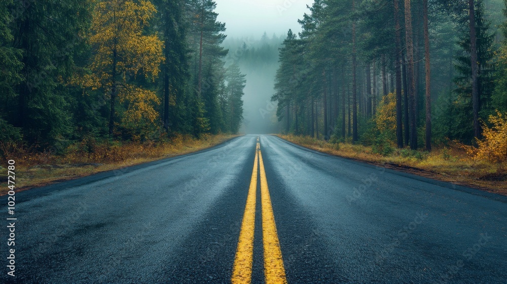 Obraz premium Empty Road Through a Misty Forest with Yellow Lines