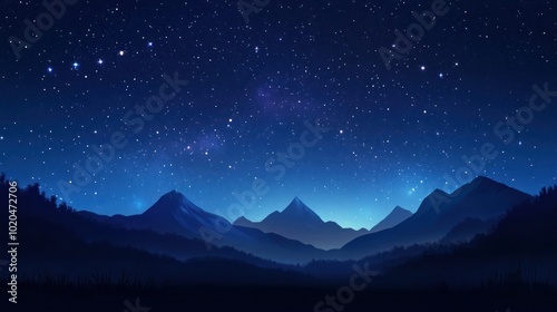 A mountain range with a blue sky and stars. The stars are scattered throughout the sky. The mountains are in the background and the sky is blue