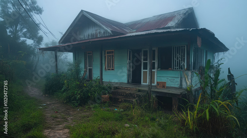 With broken windows and a dilapidated porch, the scary house stands eerily still, enveloped in a thick fog that adds a menacing layer of mystery to its haunting silhouette.