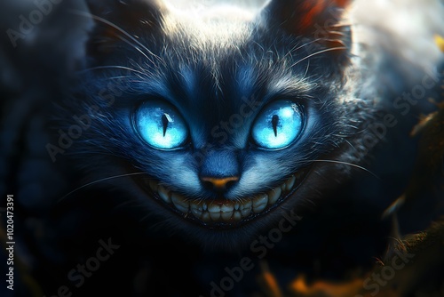 Grinning cat with glowing blue eyes and sharp teeth in a dark, mystical fantasy setting
