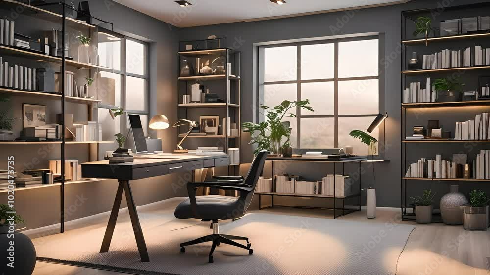 Modern home office with glass desk, ergonomic chair, and stylish built-in bookshelves Modern home office with glass desk, ergonomic chair, and stylish built-in bookshelves