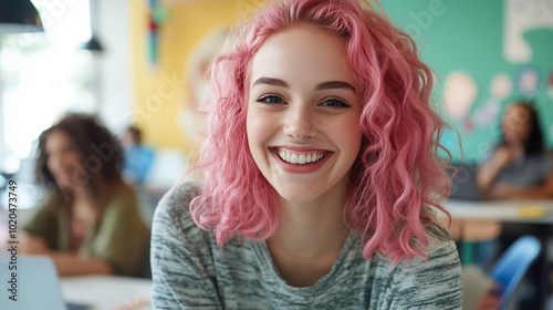 Wallpaper Mural A happy young woman with pink hair, seated at a modern workspace in a shared co-working space, engaging with colleagues on a video call. The lively atmosphere of the co-working spa Torontodigital.ca