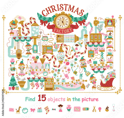 Find 10 objects in the picture. Christmas factory with elves. Fantasy mechanisms, conveyors and robots that pack gifts for children. Hand-drawn illustration in cartoon style. Puzzle Hidden Items.