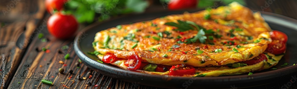 Plate of food with a omelet and tomatoes, food background, banner, copy space Plate of food with a omelet and tomatoes, food background, banner, copy space