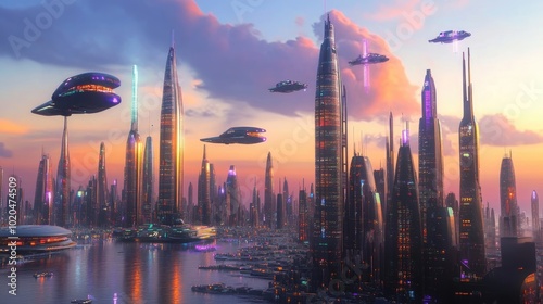 A futuristic city skyline with neon-lit skyscrapers and flying vehicles, creating a vibrant high-tech sci-fi atmosphere
