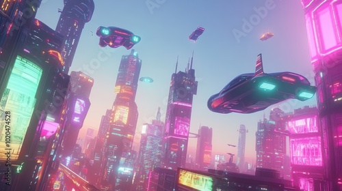 A futuristic city skyline with neon-lit skyscrapers and flying vehicles, creating a vibrant high-tech sci-fi atmosphere
