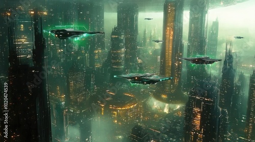 A futuristic city skyline with neon-lit skyscrapers and flying vehicles, creating a vibrant high-tech sci-fi atmosphere