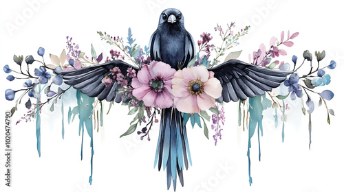 Watercolor painting of a black bird with spread wings amidst delicate pink and purple flowers.