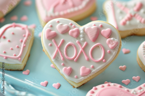 Heart-shaped and “XOXO” cookies decorated with pastel blue and pink icing, symbolizing love and affection, on a pink background.