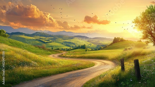 A beautiful countryside scene featuring lush green hills, a winding road, and a breathtaking sunset, ideal for travel and outdoor themes