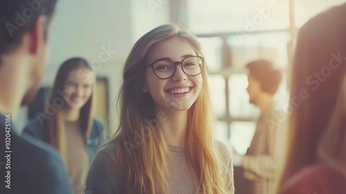 portrait of a group of young, joyful interns in an open office, casual business attire, smiling and interacting with each other, warm light and friendly atmosphere