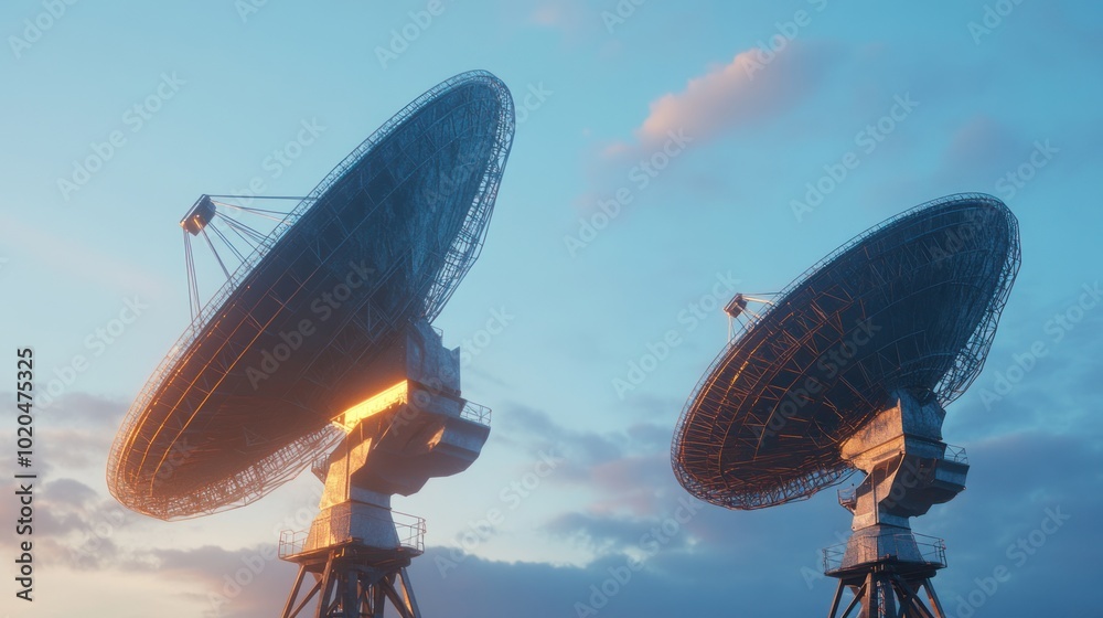 Obraz premium Two satellite dishes are in the sky. One is on the left and the other is on the right