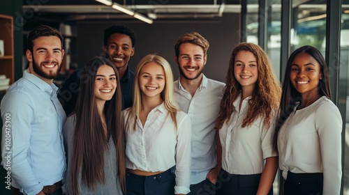 Obraz na płótnie portrait of a group of young, joyful interns in an open office, casual business attire, smiling and interacting with each other, warm light and friendly atmosphere w salonie