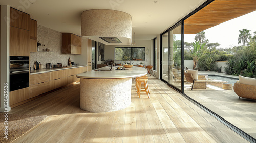 a coastal modern kitchen with a curved small island, oak timber flooring, a curved range hood made with plaster, a large window next to the range hood. coastal modern theme