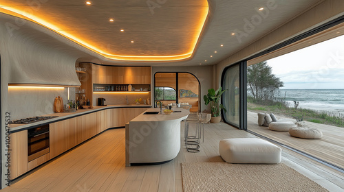 a coastal modern kitchen with a curved small island, oak timber flooring, a curved range hood made with plaster, a large window next to the range hood. coastal modern theme