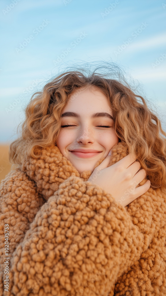 happy young woman with curly hair in beige fluffy autumn coat, eyes closed, smiling and hugging her chest against blue sky background happy young woman with curly hair in beige fluffy autumn coat, eyes closed, smiling and hugging her chest against blue sky background