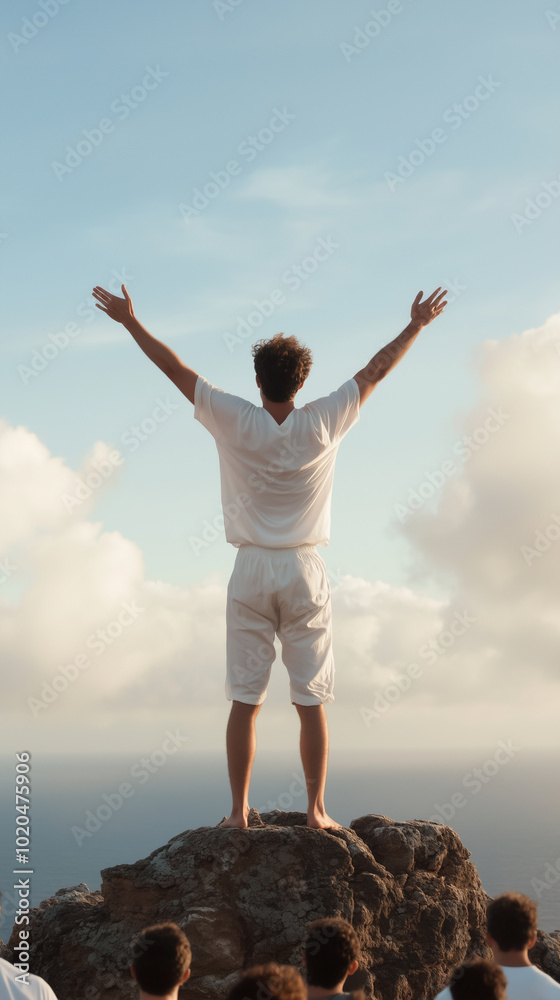 young man stands on top of mountain with arms raised in celebration and joy, ocean view whire clouds young man stands on top of mountain with arms raised in celebration and joy, ocean view whire clouds