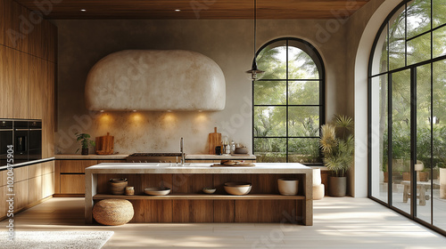 a coastal modern kitchen with a curved small island, oak timber flooring, a curved range hood made with plaster, a large window next to the range hood. coastal modern theme photo