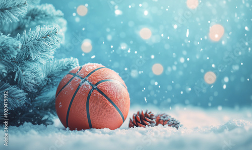 Basketball ball on New Year and Christmas winter decorations on blue light background, generated ai photo