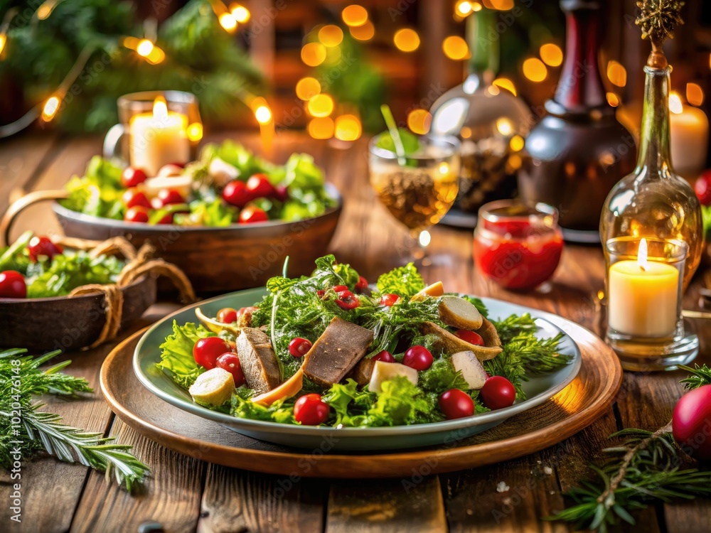 A vibrant festive hot salad featuring succulent meat, artfully presented in an elegant setting, perfect for celebratory dining and creating memorable moments with loved ones. A vibrant festive hot salad featuring succulent meat, artfully presented in an elegant setting, perfect for celebratory dining and creating memorable moments with loved ones.