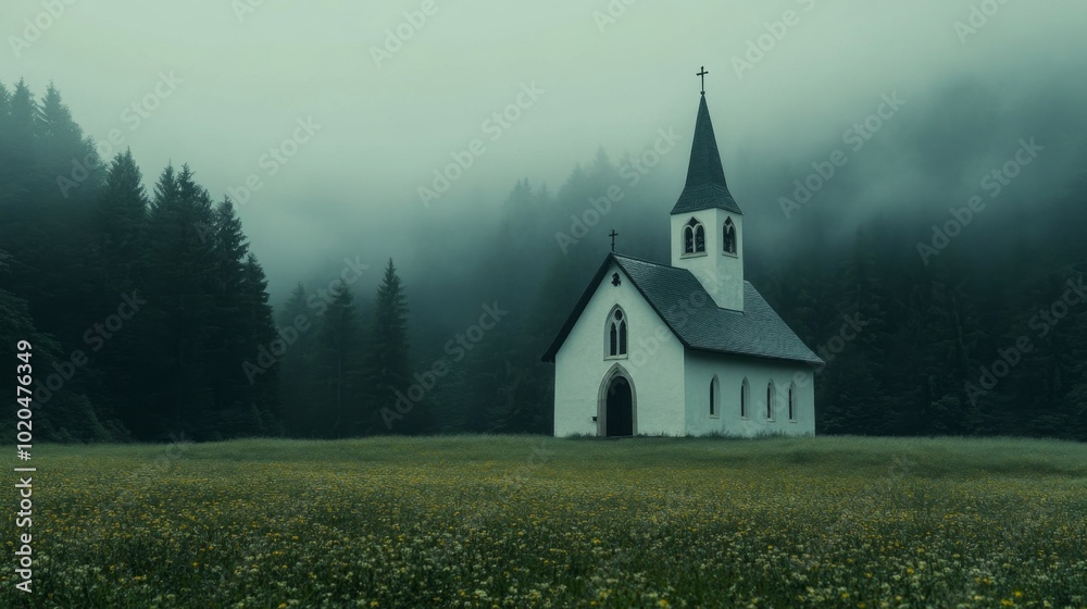 Fototapeta premium A Small Church in a Misty Forest Clearing