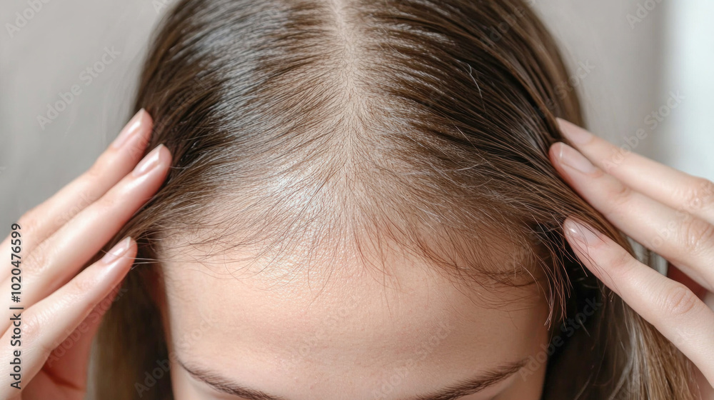 Woman examining hair parting looking for hair loss signs Woman examining hair parting looking for hair loss signs