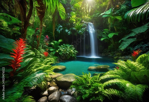 lush green jungle foliage framing serene hidden waterfall surrounded vibrant nature flourishing plant life, cave, greenery, tropical, plants, trees, vines
