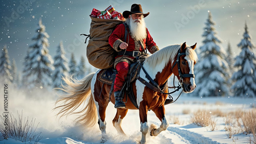 Santa claus riding horse through snowy forest delivering gifts