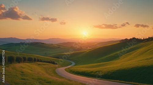 A serene countryside scene with rolling green hills, a winding road, and a radiant sunset, ideal for outdoor travel and adventure themes