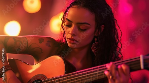 A Woman with Long Hair Plays an Acoustic Guitar Under Red Lights