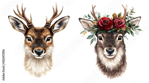 Two watercolor illustrations of deer, one wearing a floral crown