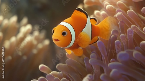 A small orange fish is looking at the camera. It is in a coral reef