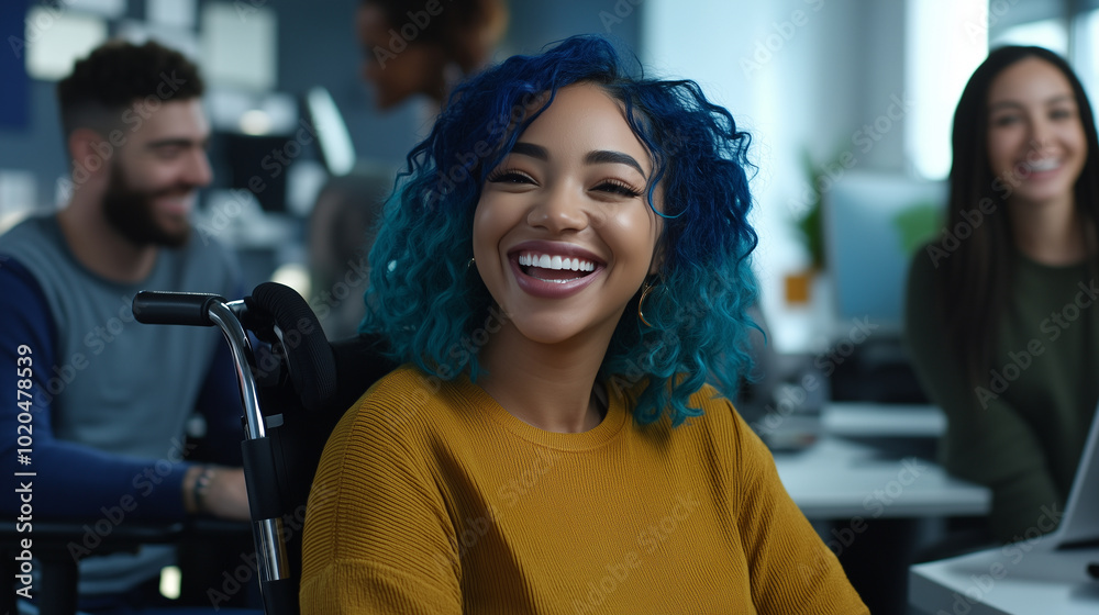 A candid snapshot of an inclusive office where a Black woman in a wheelchair with blue hair is laughing with her colleagues. The diverse team represents a variety of ethnicities an A candid snapshot of an inclusive office where a Black woman in a wheelchair with blue hair is laughing with her colleagues. The diverse team represents a variety of ethnicities an
