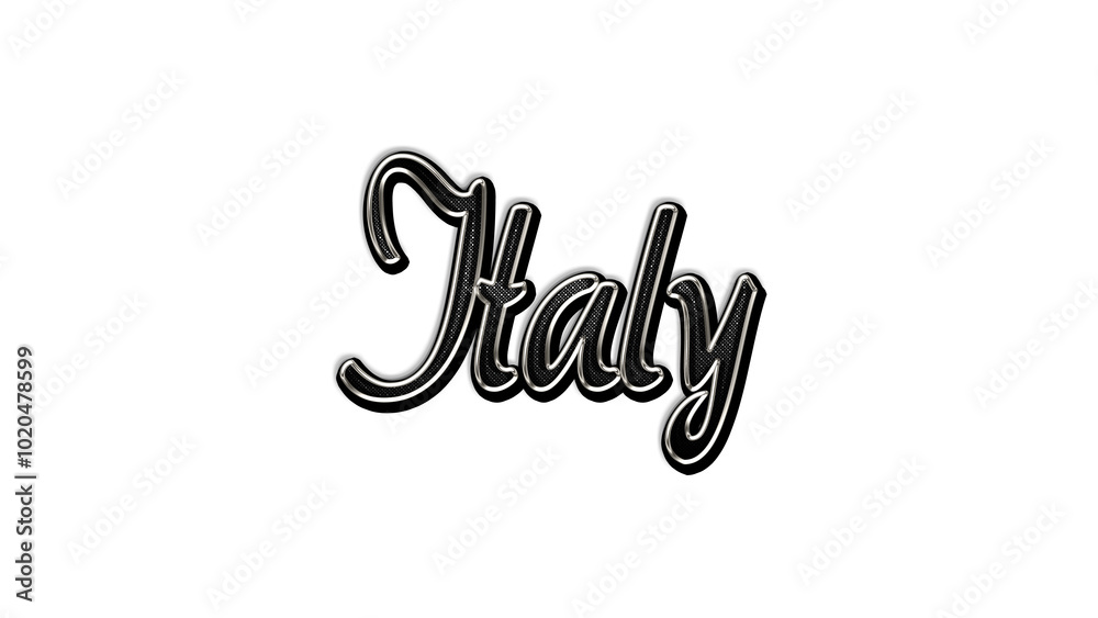 black metal 3d design of Country name Italy on white background.