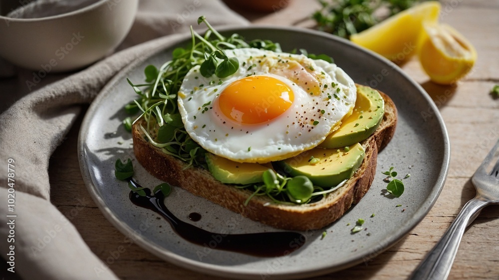 Plate with tasty fried egg, avocado and toasts Plate with tasty fried egg, avocado and toasts