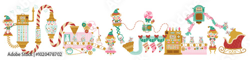 Santa's Christmas Factory, elves pack sweet candy gifts for kids. Hand drawn vector cartoon illustration in retro style, fantasy mechanisms, pipes and conveyors. white background.
