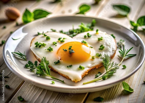 Heart-Shaped Fried Egg with Herbs on White Plate - A Culinary Delight for Food Lovers