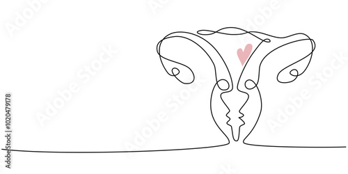 One continuous line drawing of woman uterus. Ovary and womb reproductive health in one line style for logo or banner gynecology medical clinic