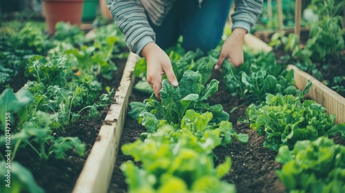 Child watering a row of vegetable plants in a vibrant community garden on a warm day