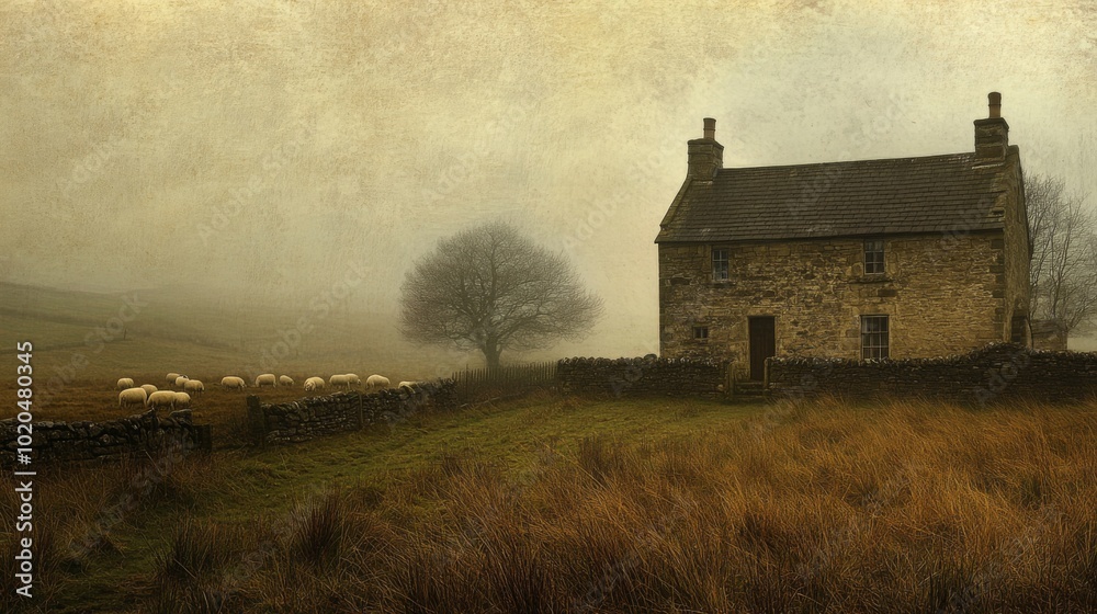 Fototapeta premium Stone Cottage on a Misty Moor with Sheep Grazing