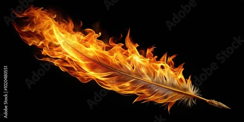 Fiery phoenix feather burning on dark backdrop