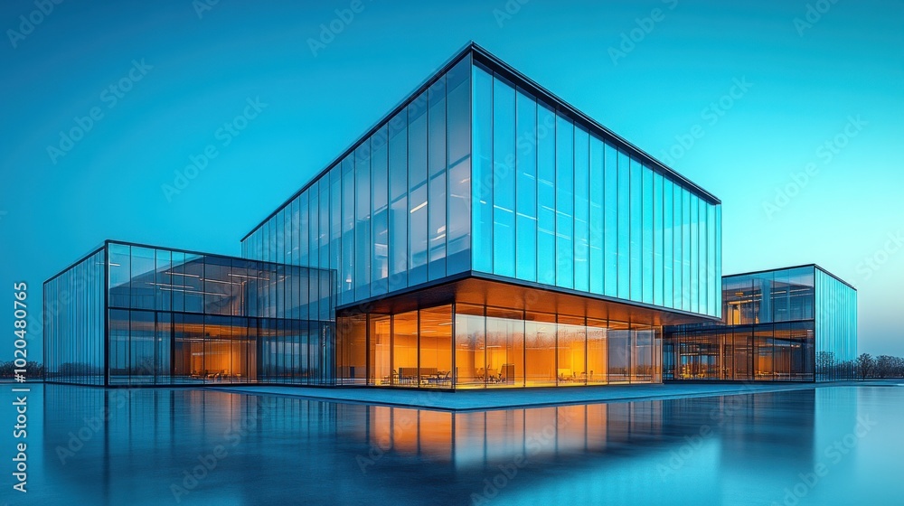 Fototapeta premium Modern Glass Building Reflecting in Water
